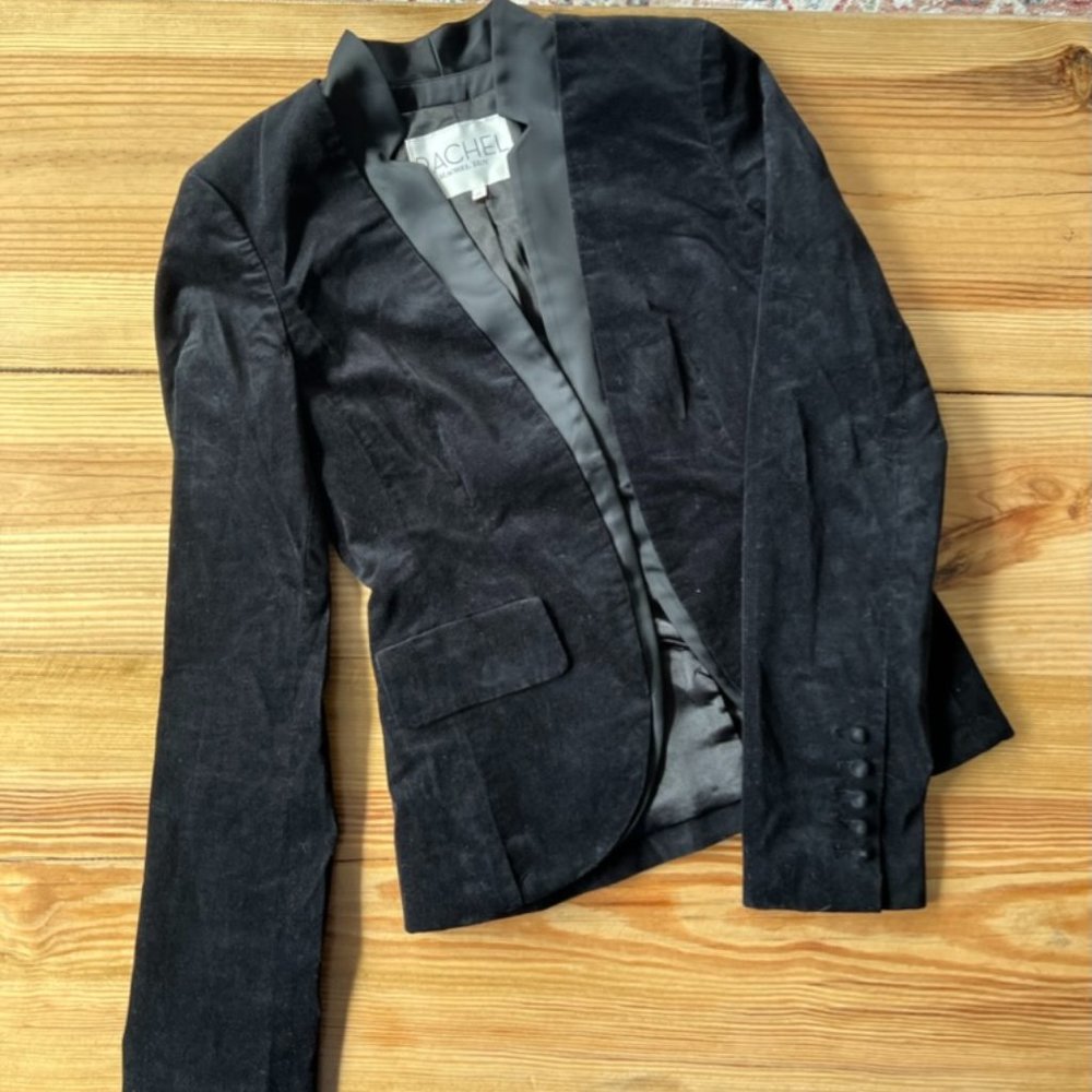 Rachel Roy Velvet Satin Suit Blazer  Long Sleeve Flap Pockets Black Size 2